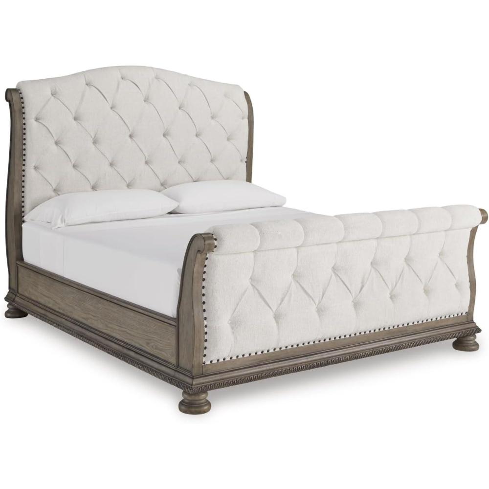 imageSignature Design by Ashley Ardenfield Traditional Tufted King Upholstered Sleigh Bed Foundation or Box Spring Needed Light Brown amp WhiteKing