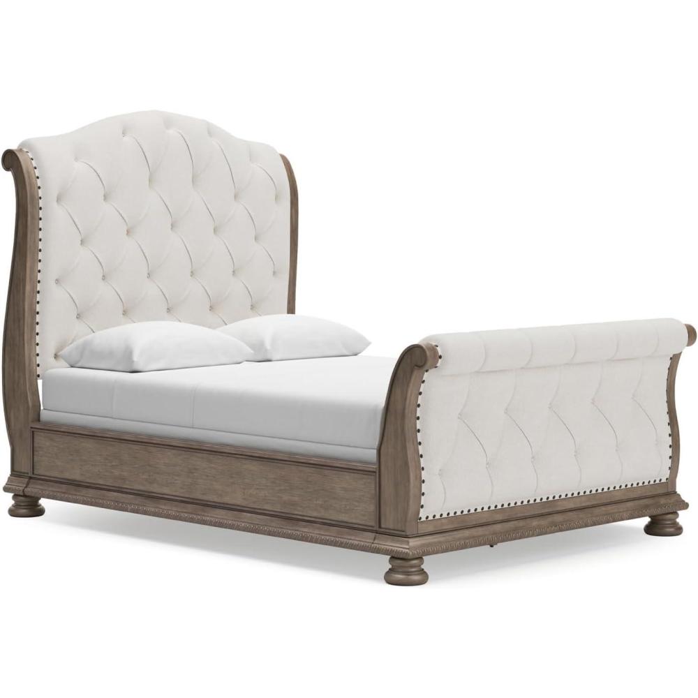 imageSignature Design by Ashley Ardenfield Traditional Tufted King Upholstered Sleigh Bed Foundation or Box Spring Needed Light Brown amp WhiteQueen