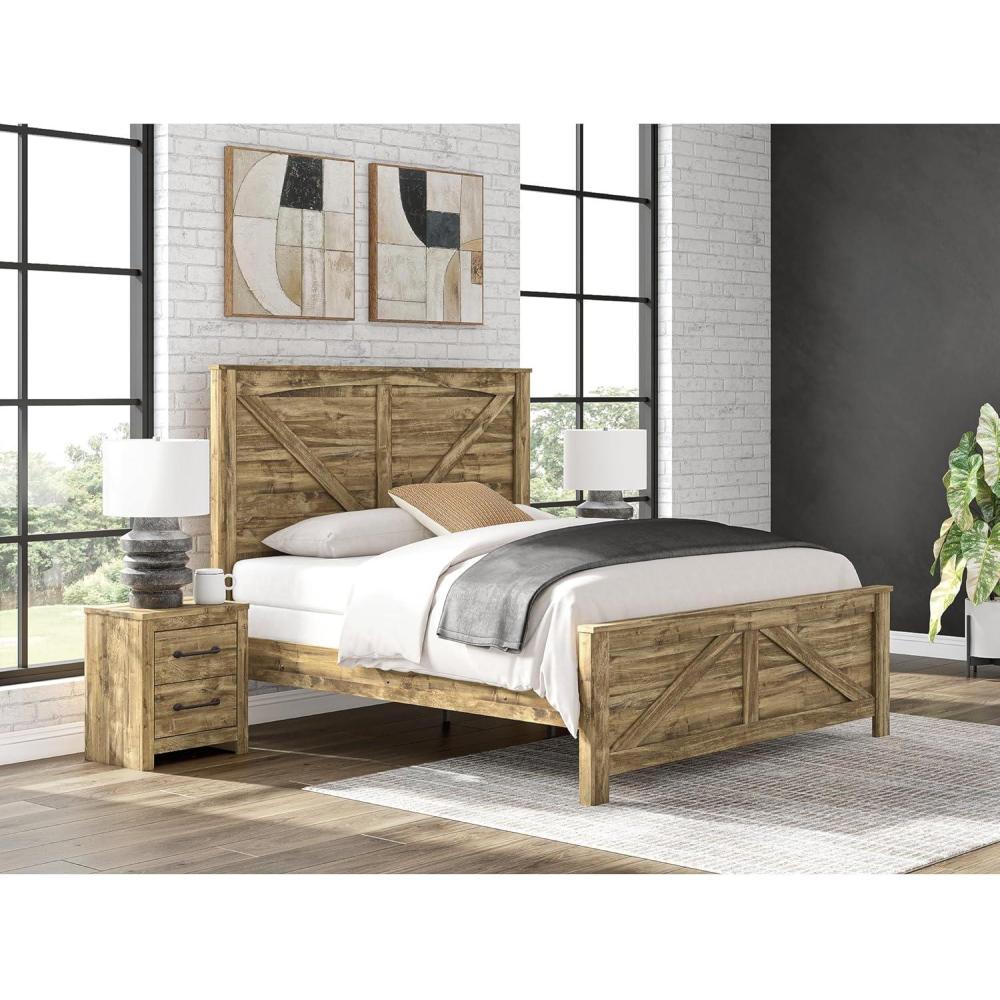 imageSignature Design by Ashley Branstony King Bed Frame with Headboard Crossbuck Panel Design Replicated Oak Grain Finish Modern Farmhouse Bedroom Style