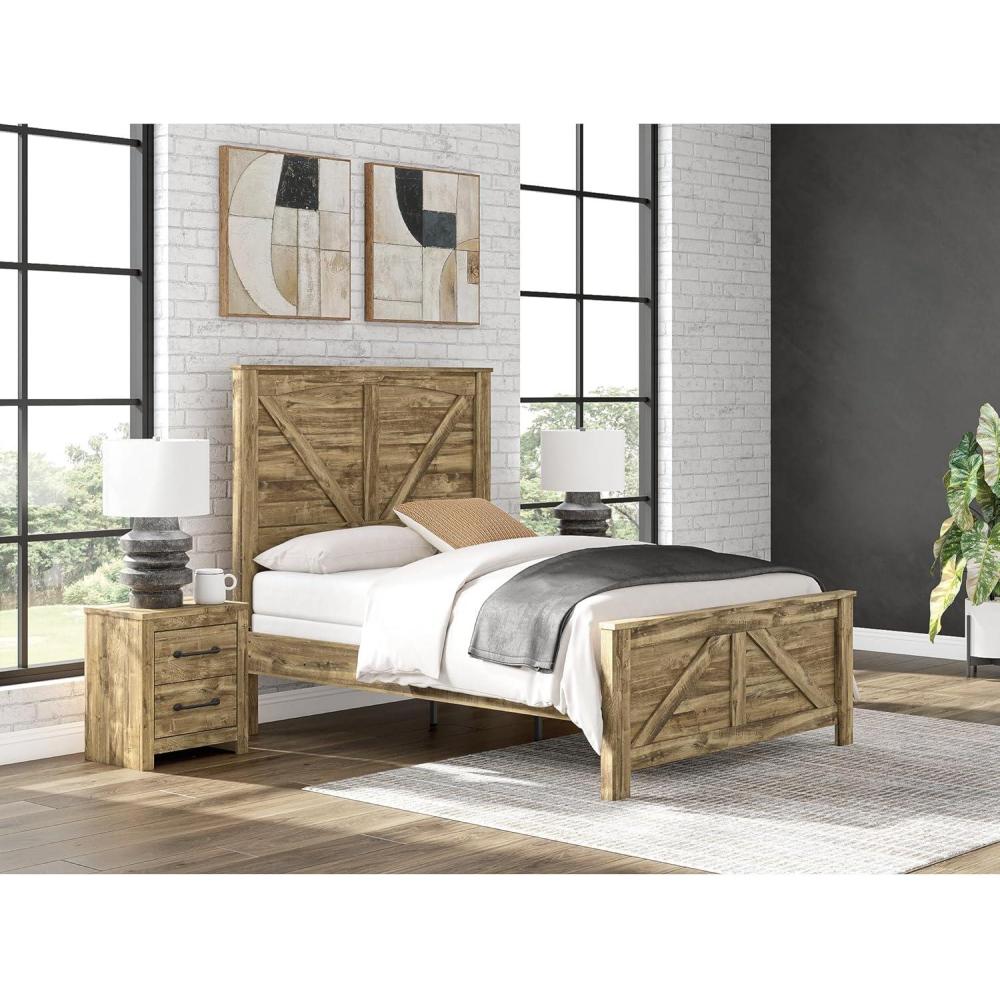imageSignature Design by Ashley Branstony Queen Size Bedframe with Headboard Crossbuck Panel Design Replicated Oak Grain Finish Modern Farmhouse Bedroom Style