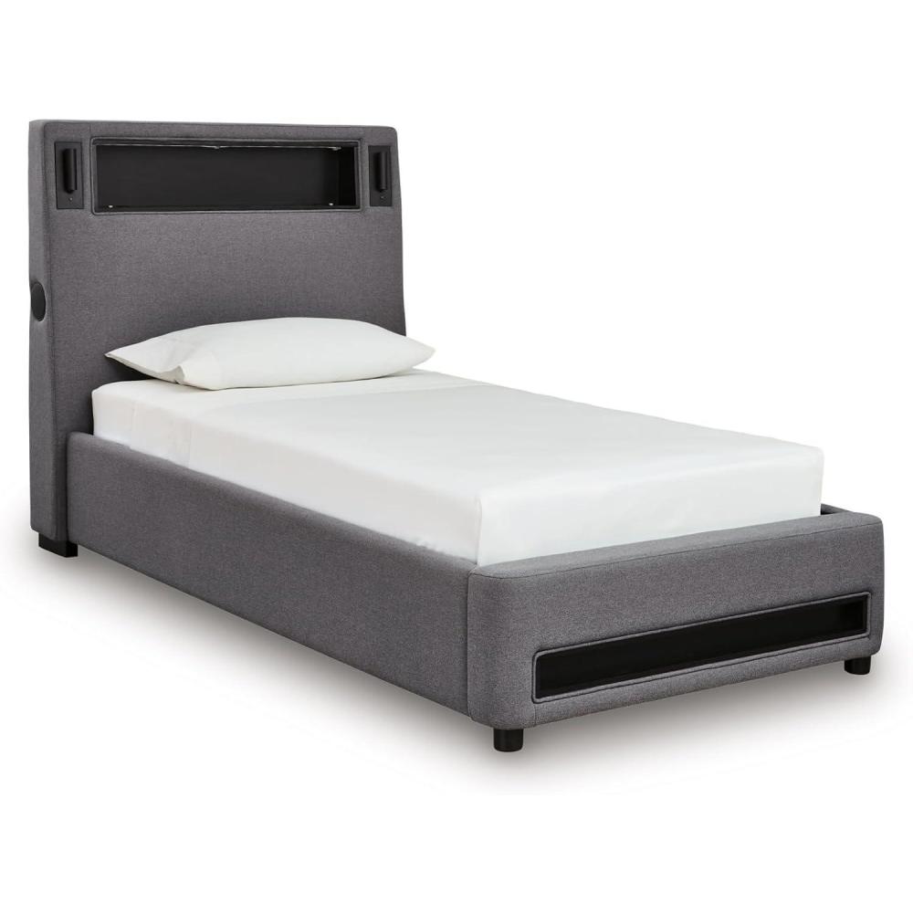 imageSignature Design by Ashley Cayberry Twin Bedframe with Headboard Upholstered Platform Bed with LED Lights Modern Bedroom Furniture for Kids and Teens