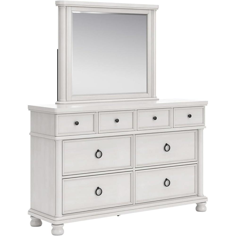 imageSignature Design by Ashley Chadworth White Dresser with Mirror 8 Storage Drawers Casual Traditional Rubbed Antiqued White Finish PewterTone Metal HardwareAntique White