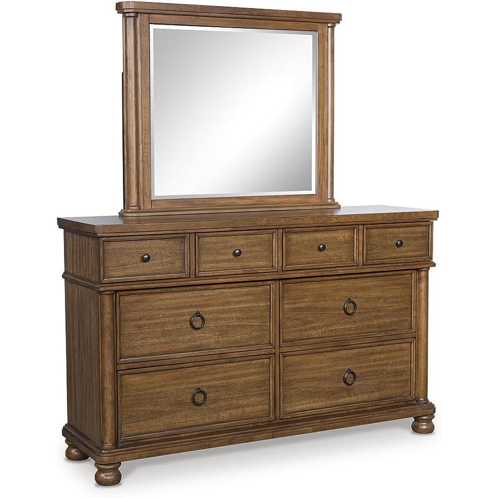 imageSignature Design by Ashley Chadworth White Dresser with Mirror 8 Storage Drawers Casual Traditional Rubbed Antiqued White Finish PewterTone Metal HardwareMedium Brown