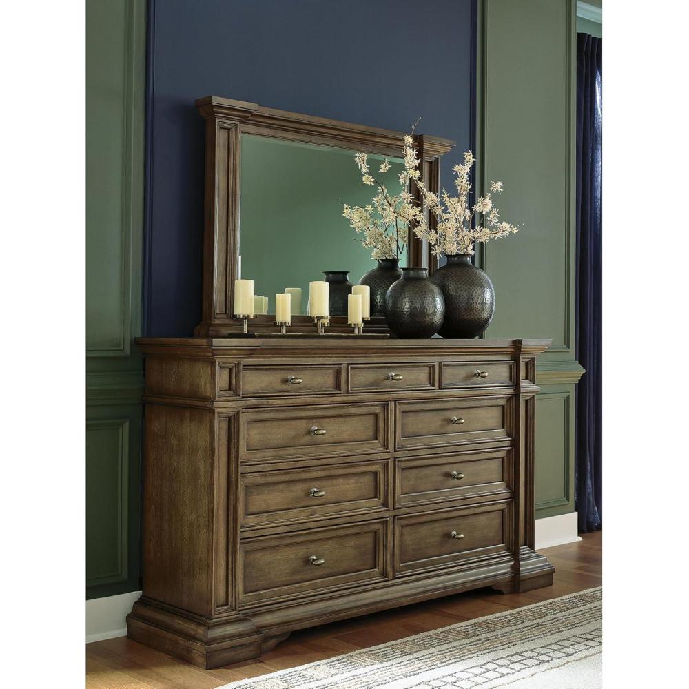 imageSignature Design by Ashley Channley Dresser and Mirror Set 9 SmoothGliding Drawers with FeltLined Tops Hardwood Solids Birch Veneer and MDF Brown Bedroom Storage