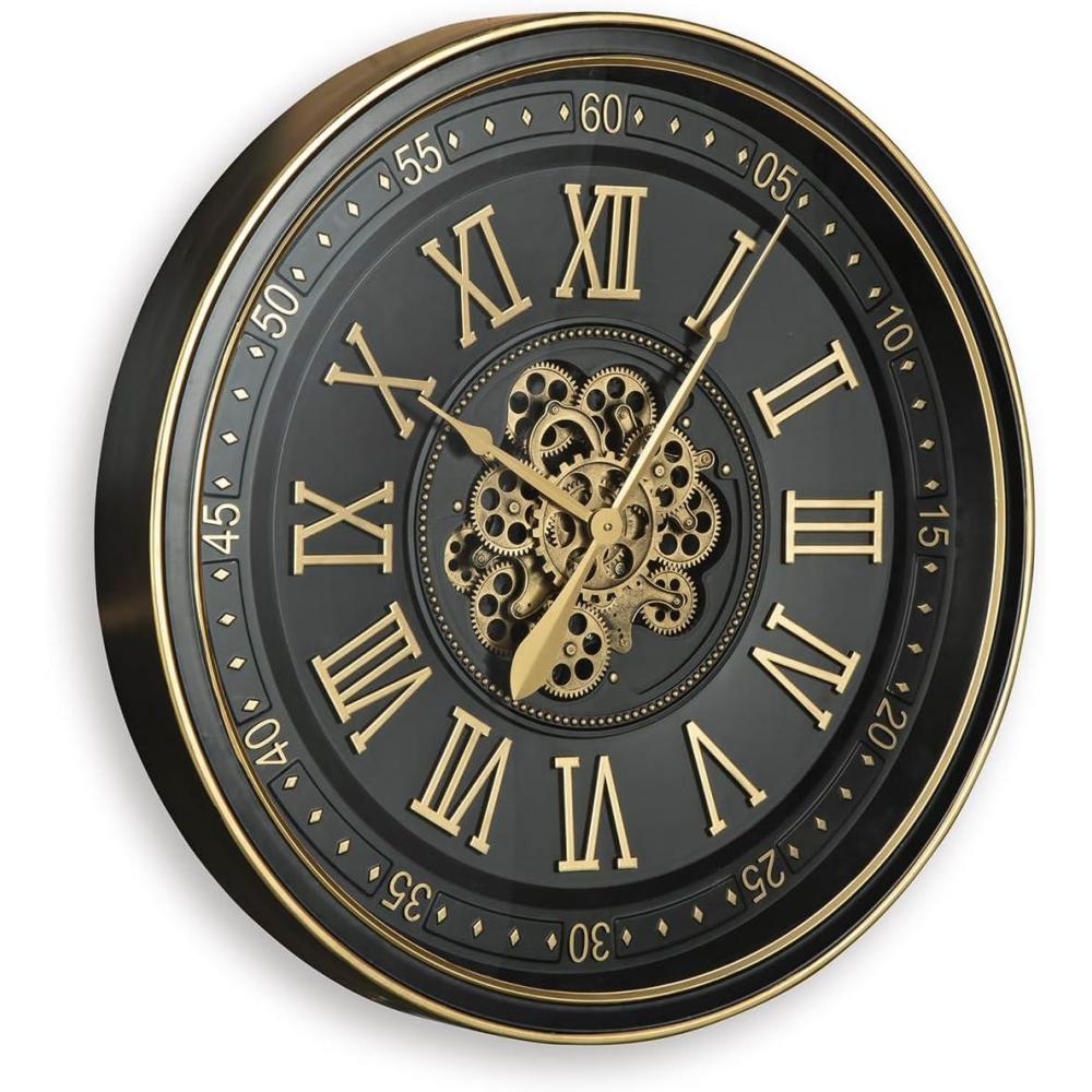 imageSignature Design by Ashley Dairton Traditional Metal Analog Quartz Wall Clock with Roman Numerals and Moving Gears Black amp Metallic