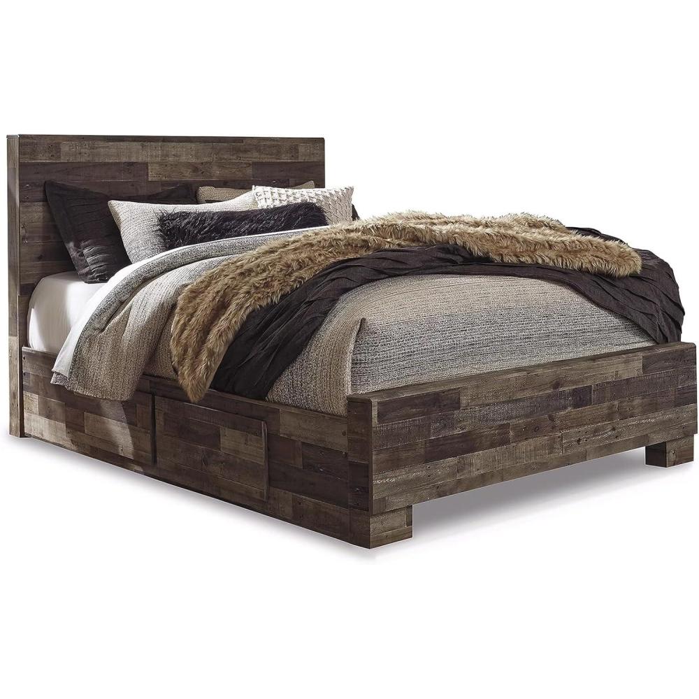 imageSignature Design by Ashley Derekson King Panel Storage Bedframe Platform Bed Frame with Headboard and Four Drawers for Urban Bedrooms Rustic Pine LookMulti Gray