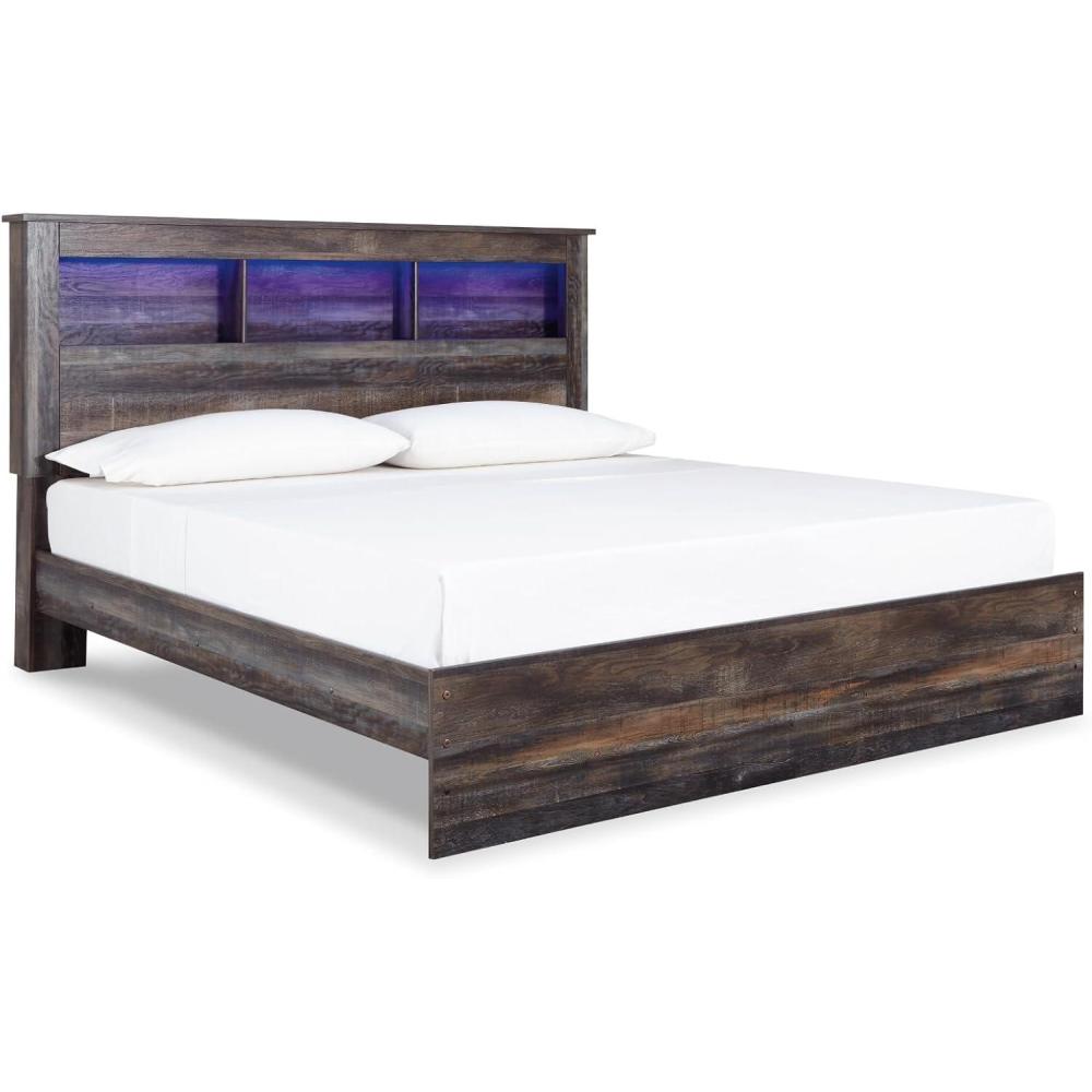 imageSignature Design by Ashley Drystan Rustic Full Bookcase Bed with 2 Storage Drawers and LED Light Foundation or Box Spring Needed Dark Brown amp GrayKing
