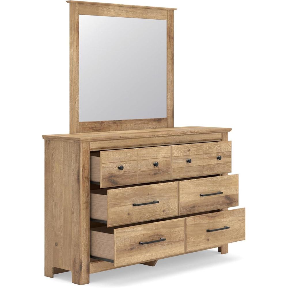 imageSignature Design by Ashley Fenderport Bedroom Dresser with Mirror Casual Cottage Storage Engineered Wood with Replicated Oak Grain Natural Brown FinishNatural Brown