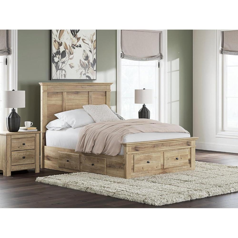 imageSignature Design by Ashley Fenderport Full Bedframe with Headboard Panel Platform Bed with 6 Storage Drawers Casual Cottage Bedroom Furniture for Everyday Use Natural Brown
