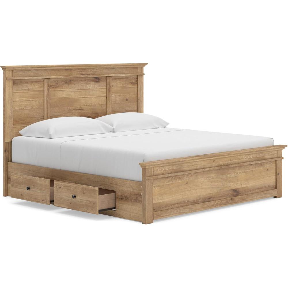 imageSignature Design by Ashley Fenderport King Platform Bed Frame with 4 Storage Drawers Panel Headboard and Footboard Cottage Bedroom Style Natural Brown