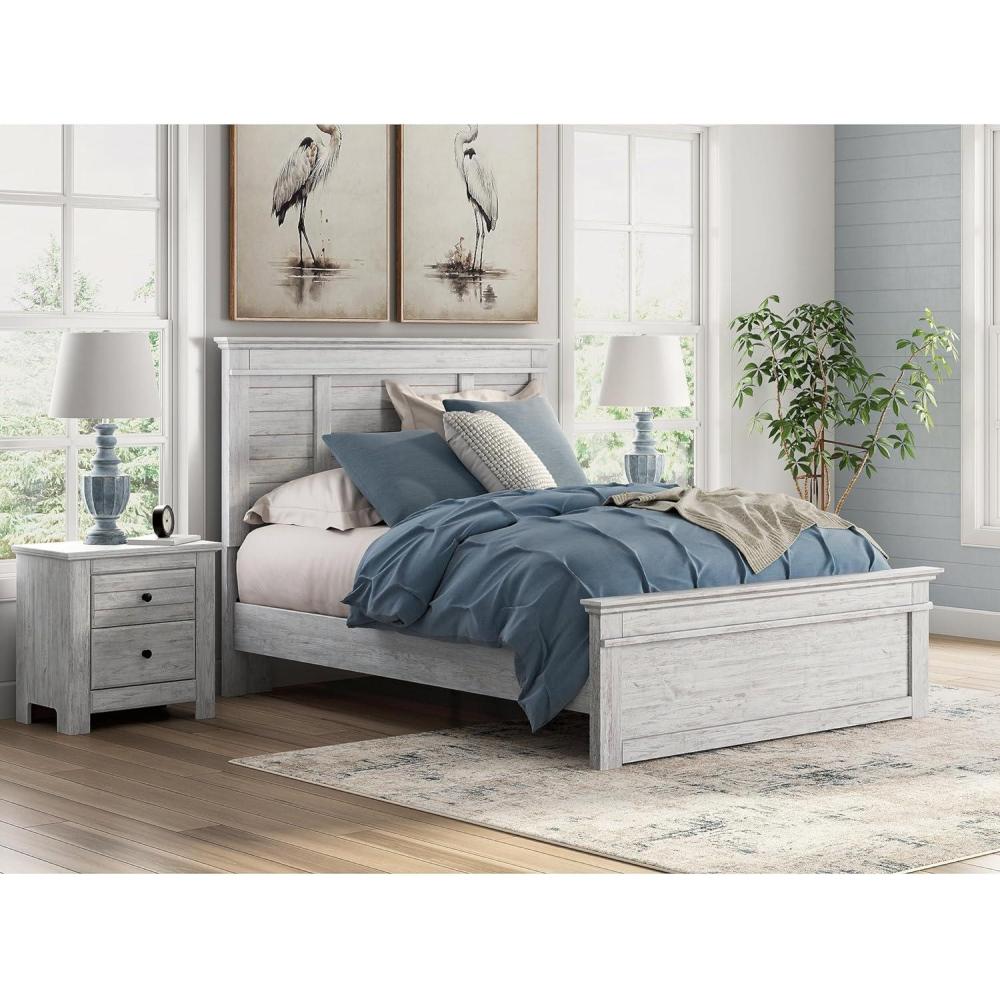 imageSignature Design by Ashley Fenderport Queen Bedframe with Headboard Panel Bed with Footboard and Rails Bedroom Furniture Cottage Style Whitewash Finish