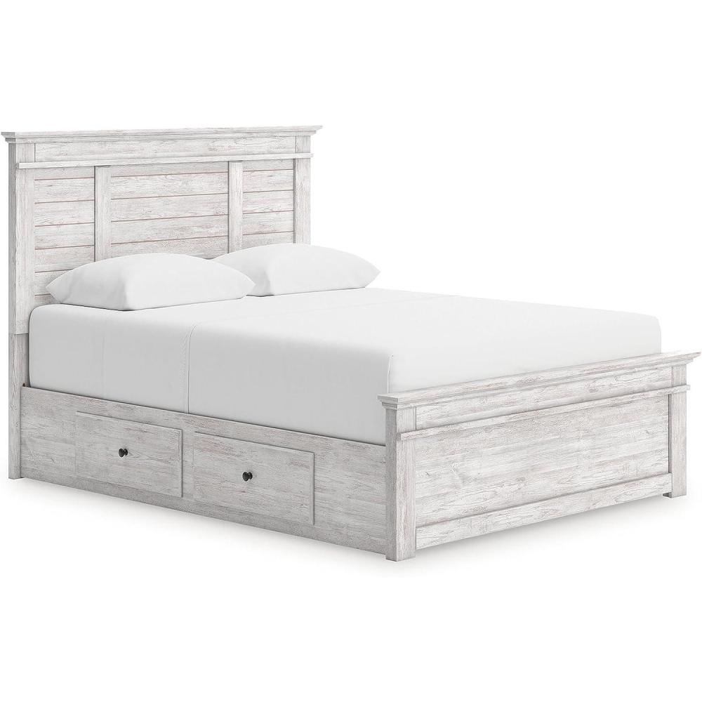 imageSignature Design by Ashley Fenderport Queen Bedframe with Storage Panel Platform Bed with Headboard Bedroom Furniture with 2 Drawers Whitewash Finish