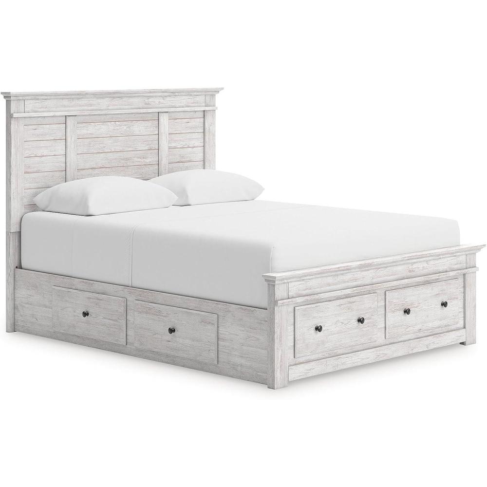 imageSignature Design by Ashley Fenderport Queen Bedframe with Storage Platform Bed Frame with Headboard and 6 Drawers Bedroom Furniture Whitewash Finish