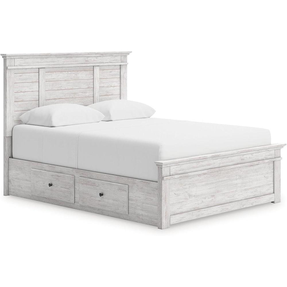 imageSignature Design by Ashley Fenderport Queen Panel Storage Bed Bedframe with Headboard and 4 Drawers Platform Bed with Whitewash Finish Bedroom Furniture