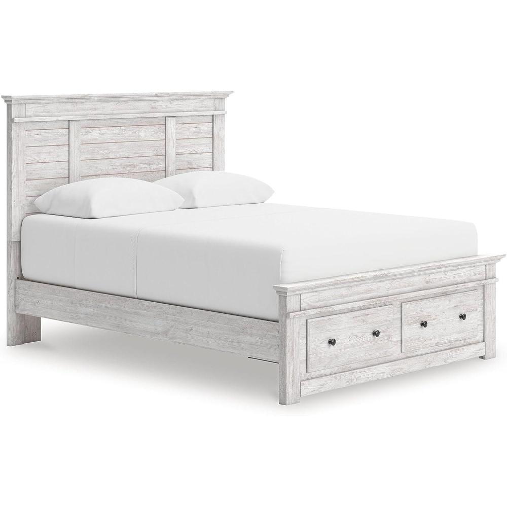 imageSignature Design by Ashley Fenderport Queen Panel Storage Bedframe with Headboard Platform Bed with 2 Drawers Bedroom Furniture for Everyday Use Whitewash Finish