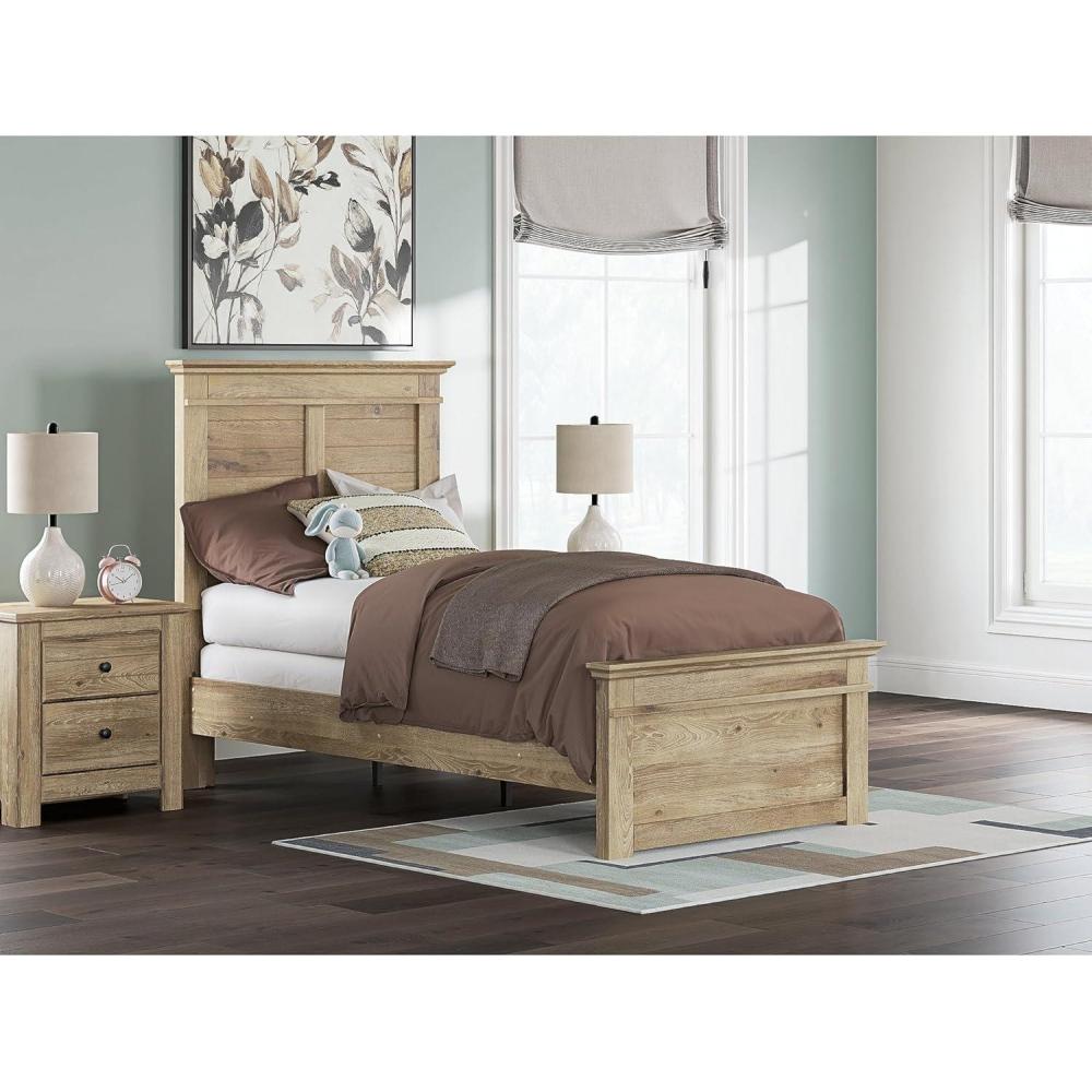 imageSignature Design by Ashley Fenderport Twin Bed Frame with Panel Headboard and Footboard Cottage Bedroom Style for Kids and Guest Rooms Natural Brown