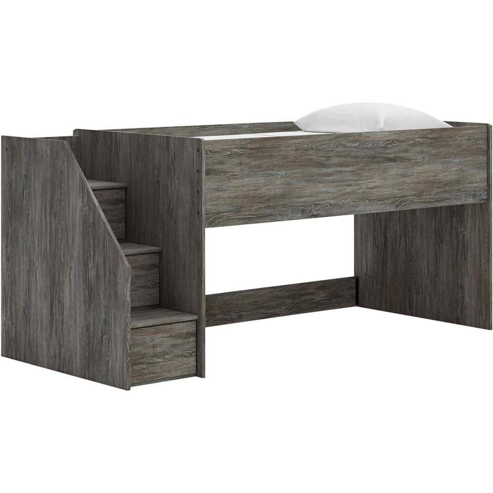 imageSignature Design by Ashley Franden Twin Loft Bed SpaceSaving Storage Steps Rustic Warm Gray Finish Casual Industrial Style for Kids and Teens Bedrooms