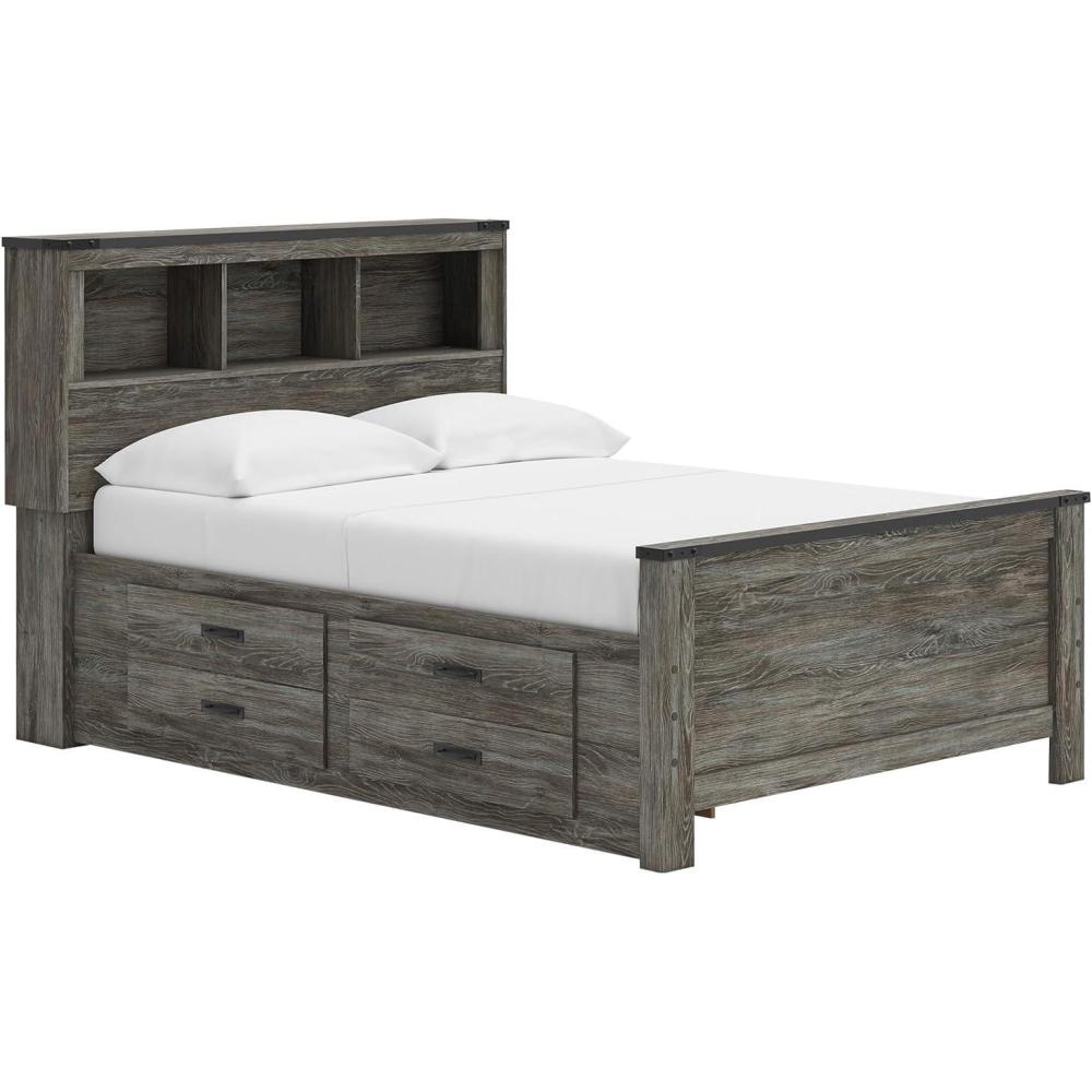 imageSignature Design by Ashley Frandern Full Bed Frame with Headboard and Storage Platform Bookcase Panel Bed with 2 Drawers Wood Look Rustic Warm Gray