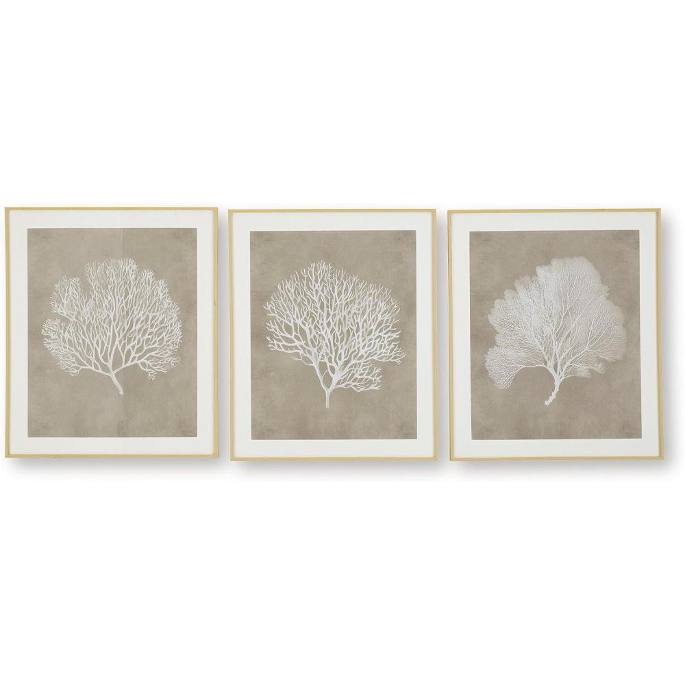 imageSignature Design by Ashley Hendridge Wall Art Set of 3 Framed Prints Coastal Coral Decor with Acrylic Front and Mat Vertical Hanging for Living Room or Bedroom Walls Light Brown Frame