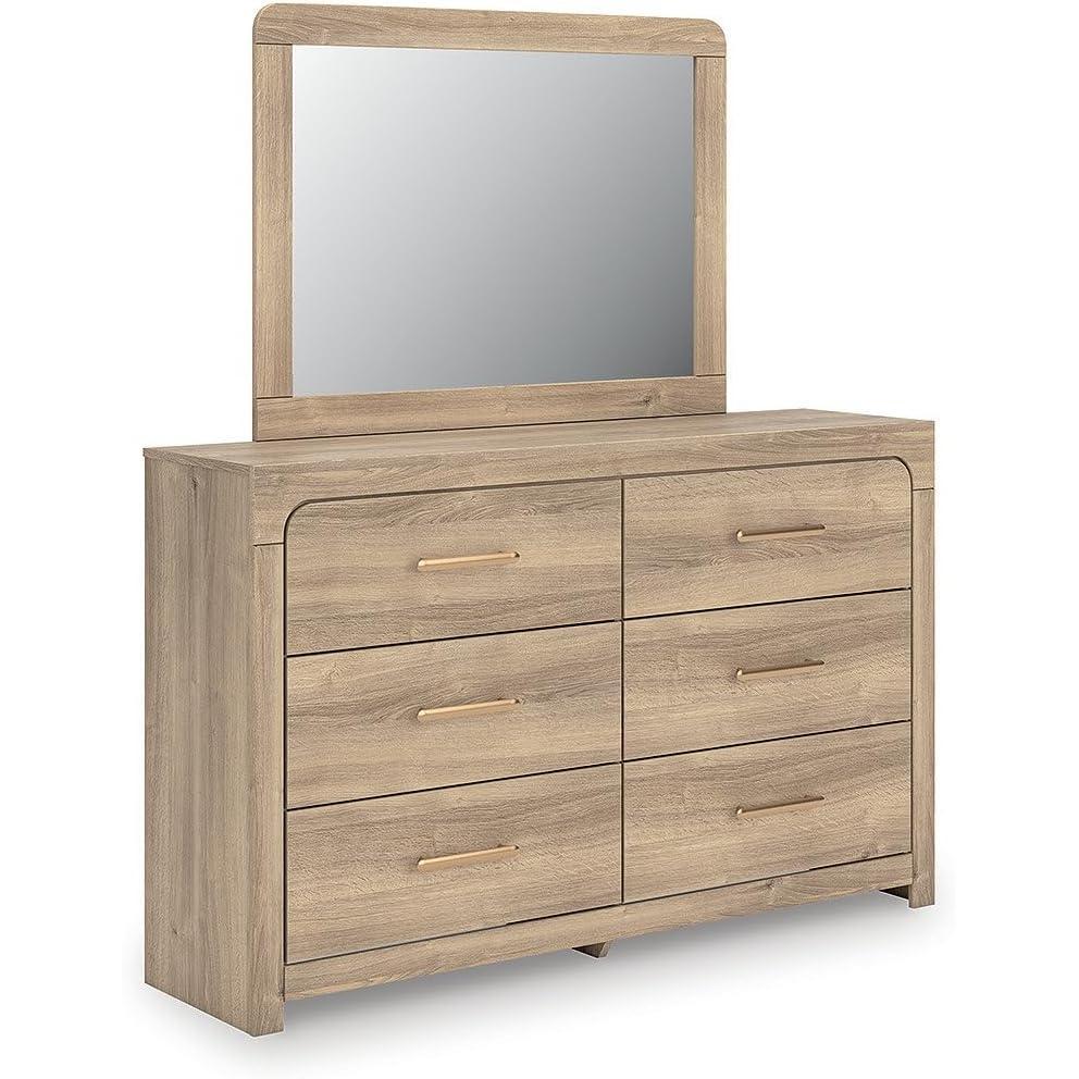 imageSignature Design by Ashley Hollymount Dresser with 6 SmoothGliding Drawers BronzeTone Handles and Mirror Casual Bedroom Storage Furniture Light Brown