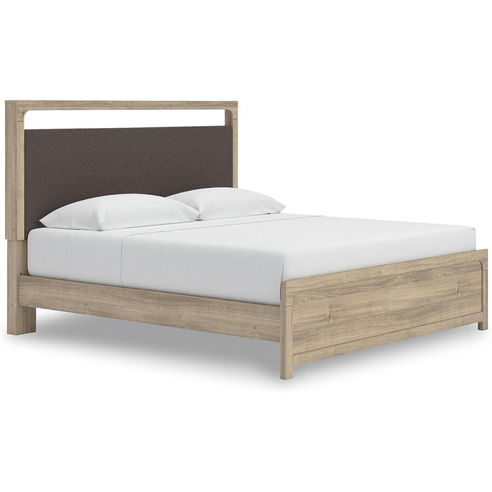 imageSignature Design by Ashley Hollymount King Platform Bed Frame with Upholstered Headboard Touch LED Lighting with 3 Brightness Levels Warm Oak Finish Bedroom Furniture