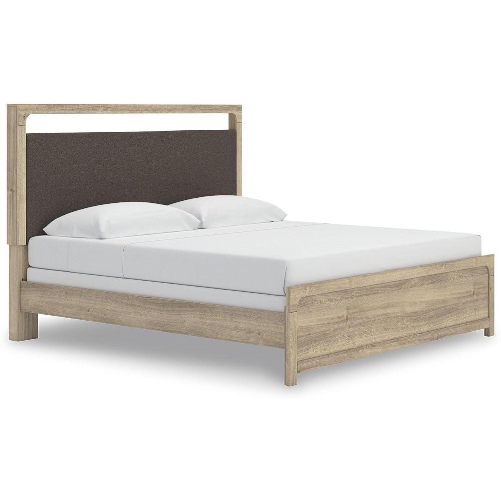 imageSignature Design by Ashley Hollymount King Size Bedframe Bed Frame with Upholstered Panel Headboard Touch LED Lighting with 3 Brightness Levels Warm Oak Finish