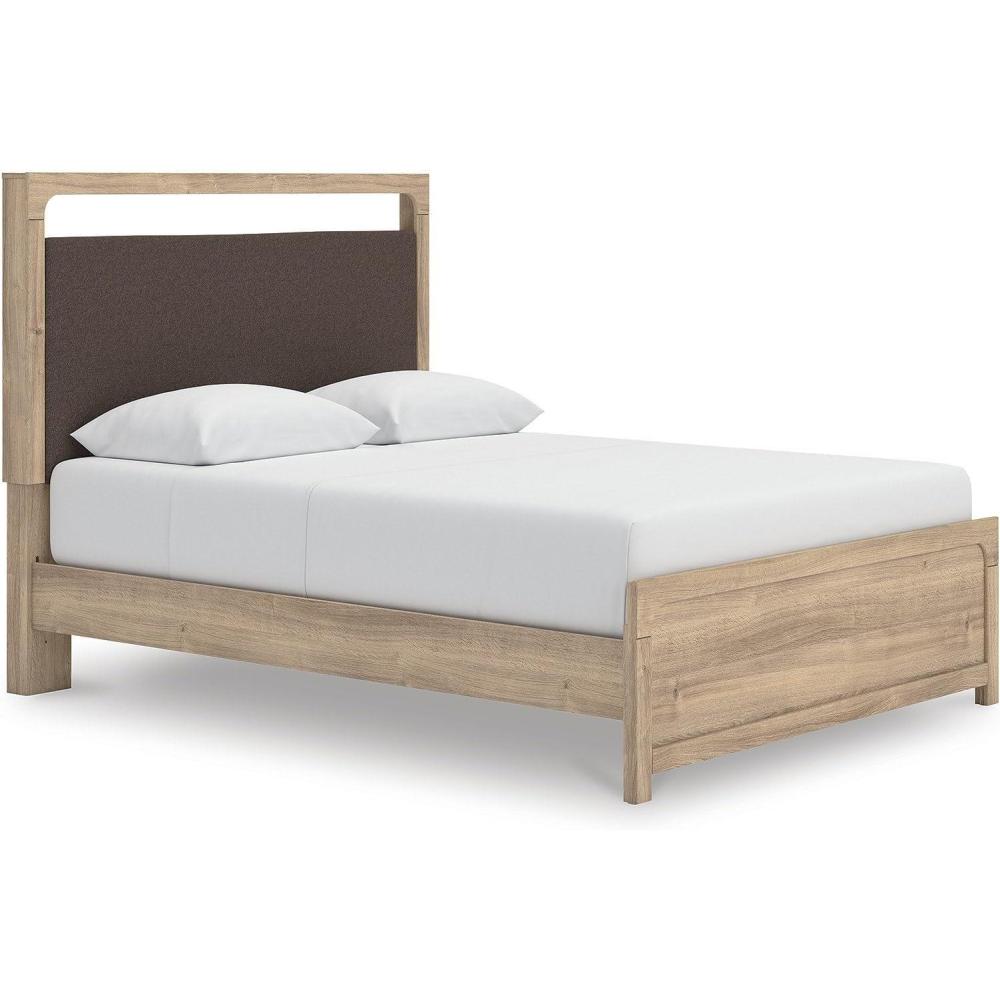 imageSignature Design by Ashley Hollymount Queen Upholstered Platform Bed Frame with Headboard LED Lighting with 3 Levels of Brightness Light Brown for Modern Bedrooms