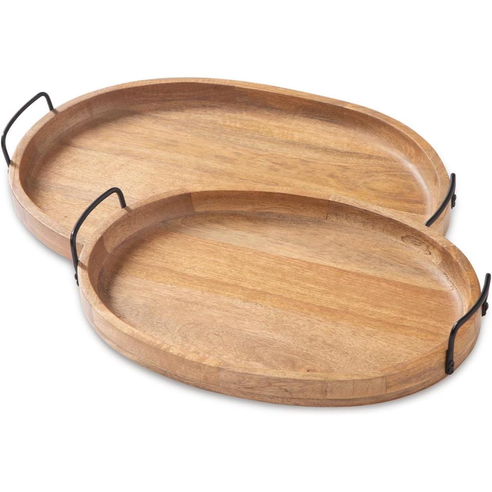 imageSignature Design by Ashley Jocelyn Wooden 2 Piece Tray Set with Metal Handles BrownOval