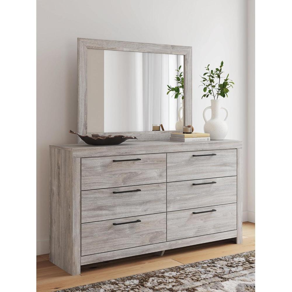 imageSignature Design by Ashley Jonnifer Dresser with Mirror TwoTone Engineered Wood Storage Furniture with 6 Drawers for Bedroom Rustic Gray and Matte BlackLight Gray