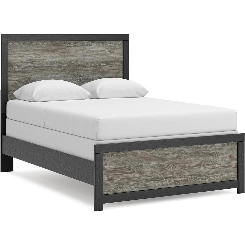 imageSignature Design by Ashley Jonnifer Full Panel Bed Frame with Headboard TwoTone Textured Design Engineered Wood and Decorative Laminate Bedroom Furniture Warm Gray and Matte Black