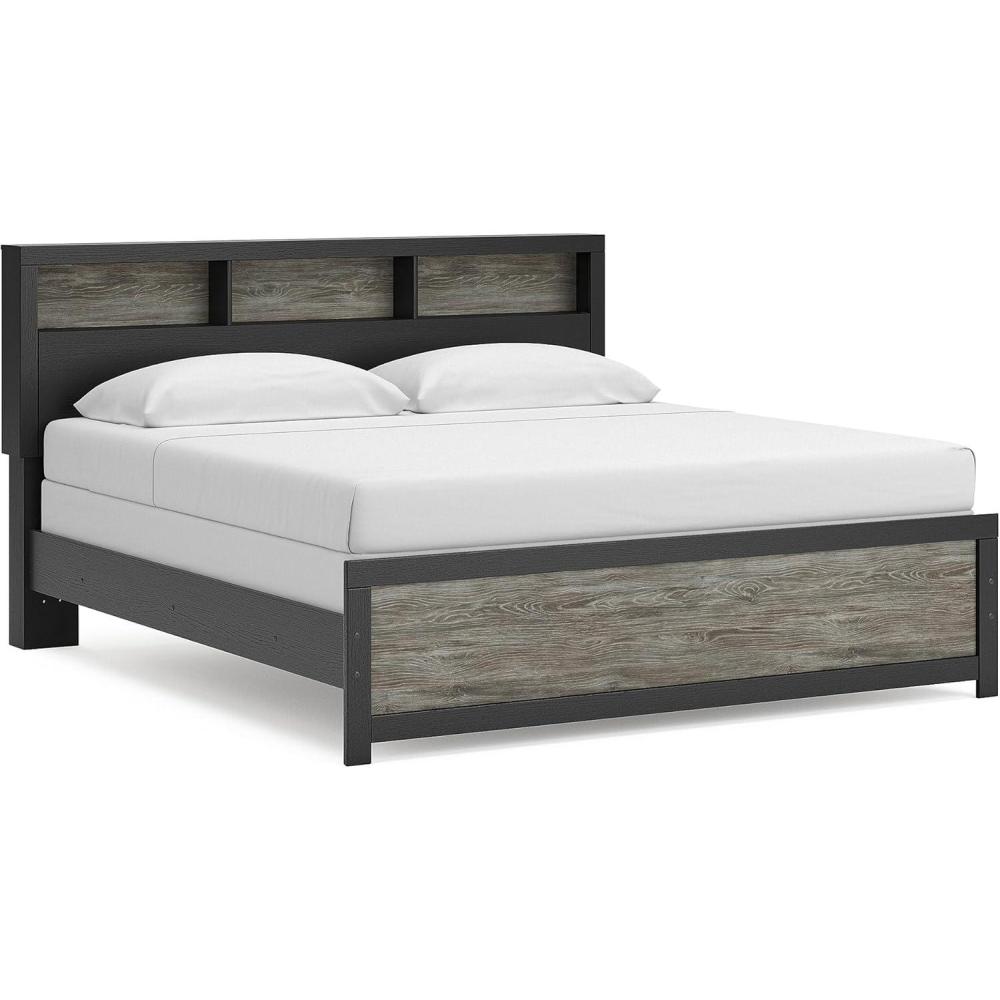 imageSignature Design by Ashley Jonnifer King Bed Frame with Bookcase Headboard Storage Cubbies Engineered Wood and Decorative Laminate Bedroom Use Warm Gray and Matte Black