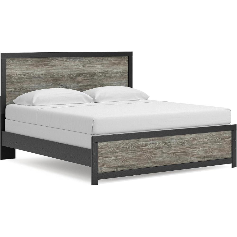 imageSignature Design by Ashley Jonnifer King Panel Bed Frame with Headboard TwoTone Textured Finish Engineered Wood and Decorative Laminate Bedroom Furniture Warm Gray and Matte Black