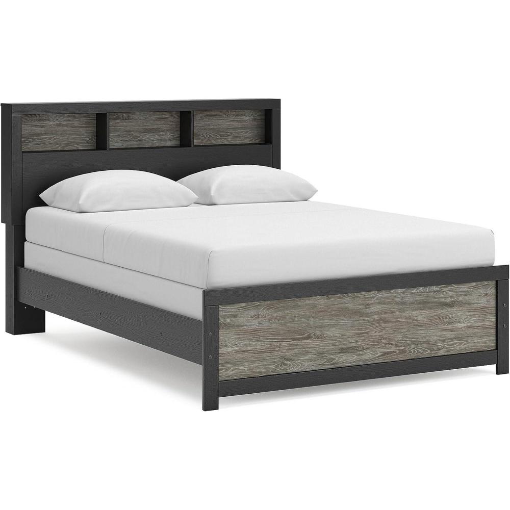 imageSignature Design by Ashley Jonnifer Queen Bed Frame with Headboard Bookcase Storage Cubbies Engineered Wood and Laminate Rustic Gray and Matte Black