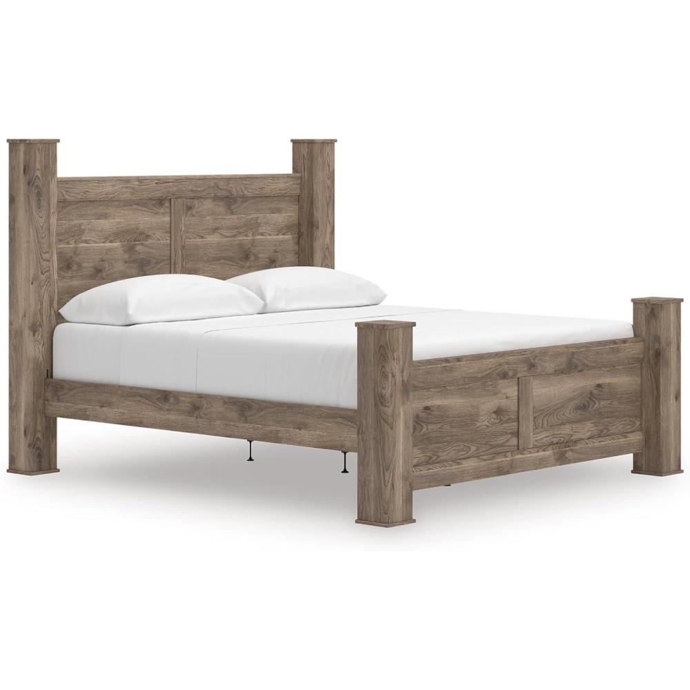 imageSignature Design by Ashley Keithland King Size Bed Frame with Poster Headboard Traditional Bedframe in Wood with Hickory Grain Look Bedroom Furniture Deep Brown