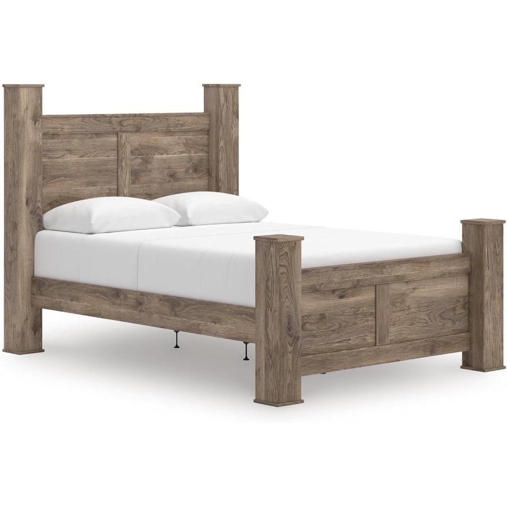 imageSignature Design by Ashley Keithland Queen Size Bed Frame with Poster Headboard Traditional Bedframe in Wood with Hickory Grain Look Bedroom Furniture Deep Brown