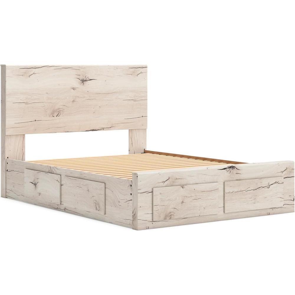 imageSignature Design by Ashley Lawroy King Platform Bed Frame with Four Storage Drawers Panel Headboard and Footboard Reclaimed Oak Look Farmhouse Bedroom Furniture Rustic WhiteQueen