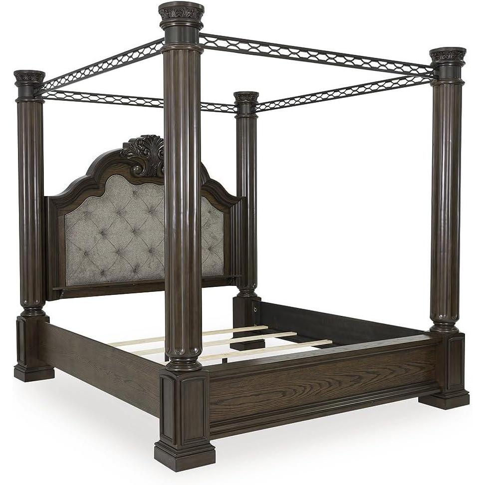 imageSignature Design by Ashley Maylee California King Canopy Bedframe Grand MansionStyle Poster Design with Upholstered Headboard Metal Canopy Dark Brown Finish