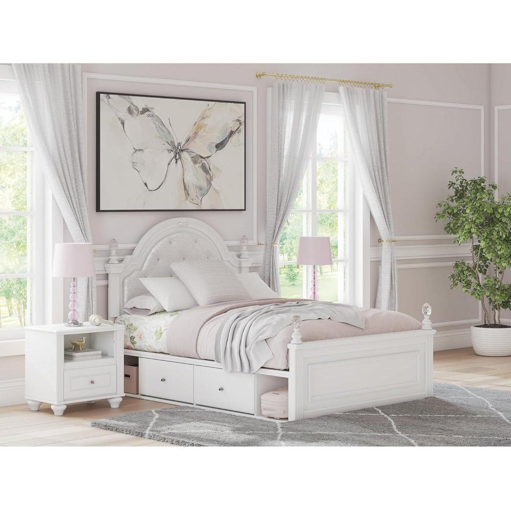 imageSignature Design by Ashley Maylilly Full Upholstered Panel Storage Bed Frame with Headboard LED Lights and Drawers Matte White for Teen and Kids Bedroom