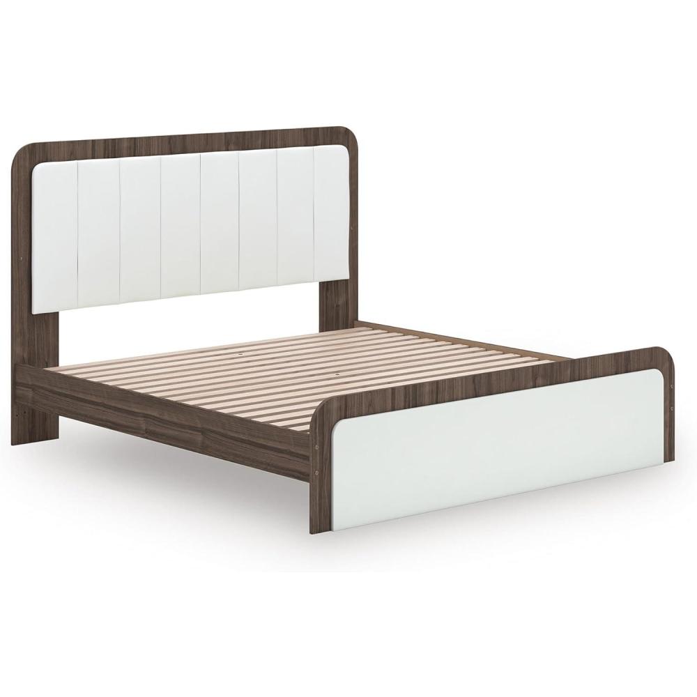 imageSignature Design by Ashley Mazilar Upholstered King Bedframe TwoTone Platform Bed with LED Headboard Lighting Faux Leather and Decorative Laminate No Box Spring Needed