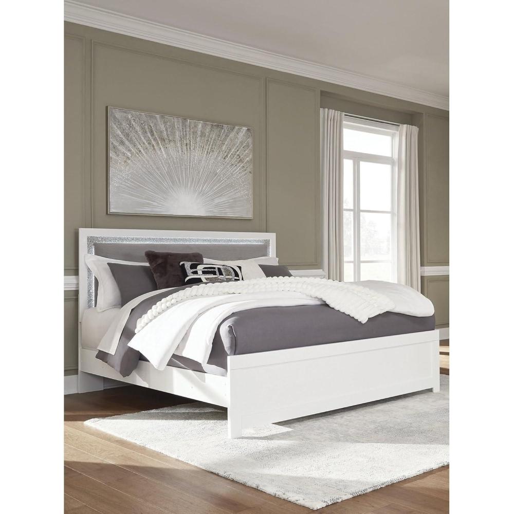 imageSignature Design by Ashley Raechalla King Upholstered Panel Bed Frame with LED Headboard Lighting Matte White Engineered Wood and Fabric Upholstery Modern Glam Bedroom Furniture