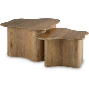 Signature Design by Ashley Abeford Contemporary Accent Cocktail Table Set of 2, Abstract Tabletop Design, Solid Mango Wood, 32.63″ W x 28″ D x 17.5″ H, Brown
