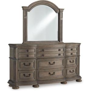 Signature Design by Ashley Ardenfield Traditional Tufted King Upholstered Sleigh Bed, Foundation or Box Spring Needed, Light Brown & White(Dresser and Mirror)