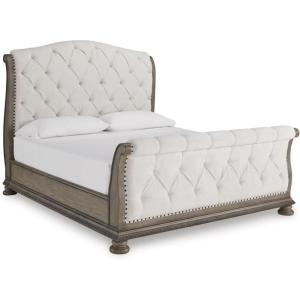 Signature Design by Ashley Ardenfield Traditional Tufted King Upholstered Sleigh Bed, Foundation or Box Spring Needed, Light Brown & White(King)