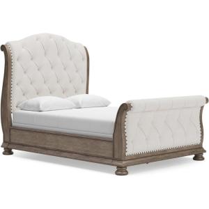 Signature Design by Ashley Ardenfield Traditional Tufted King Upholstered Sleigh Bed, Foundation or Box Spring Needed, Light Brown & White(Queen)