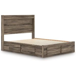 Signature Design by Ashley Baystorm Queen Panel Storage Bedframe, Platform Bed Frame with Headboard, LED Lighting and Drawers for Bedroom, Weathered Brown