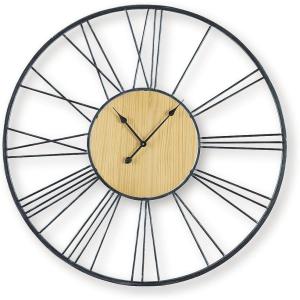 Signature Design by Ashley Brockett Large Wall Clock, Metal and Wood Frame with Roman Numerals, Oversized Decor for Living Room or Kitchen, Black and Natural Finish, 41.87″ W