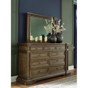 Signature Design by Ashley Channley Dresser and Mirror Set, 9 Smooth-Gliding Drawers with Felt-Lined Tops, Hardwood Solids, Birch Veneer and MDF, Brown Bedroom Storage
