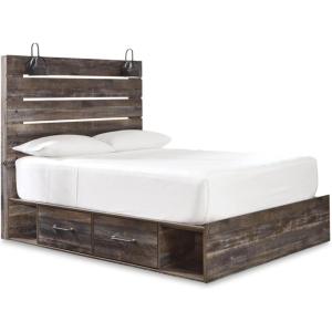 Signature Design by Ashley Drystan Rustic Full Bookcase Bed with 2 Storage Drawers and LED Light, Foundation or Box Spring Needed, Dark Brown & Gray(Queen)
