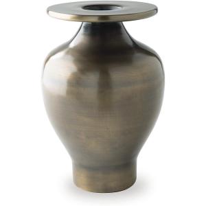 Signature Design by Ashley Fedorleigh Vase, Metal Decor with Antiqued Brass‑Tone Finish for Faux Florals and Contemporary Minimalist Styling, Tabletop Accent, 15″ H