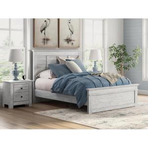 Signature Design by Ashley Fenderport Queen Bedframe with Headboard, Panel Bed with Footboard and Rails, Bedroom Furniture, Cottage Style Whitewash Finish